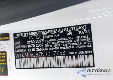 2022 Mercedes-Benz C 300 Sedan z USA, uszkodzony, nr VIN W1KAF4GB7NR017758